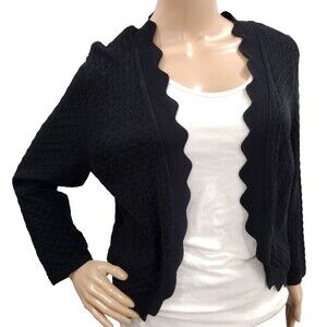 ELLE Women's Large Black Knit Open Front Shrug Cardigan Sweater Scalloped Edge